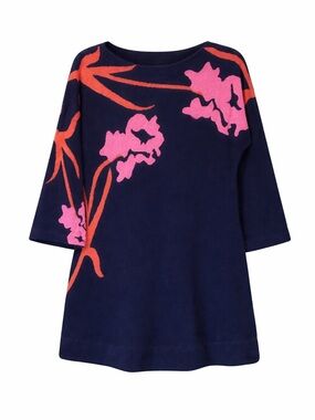 Anthropologie Field Flower Megara Floral Tunic Sweater Navy Pink Size XS